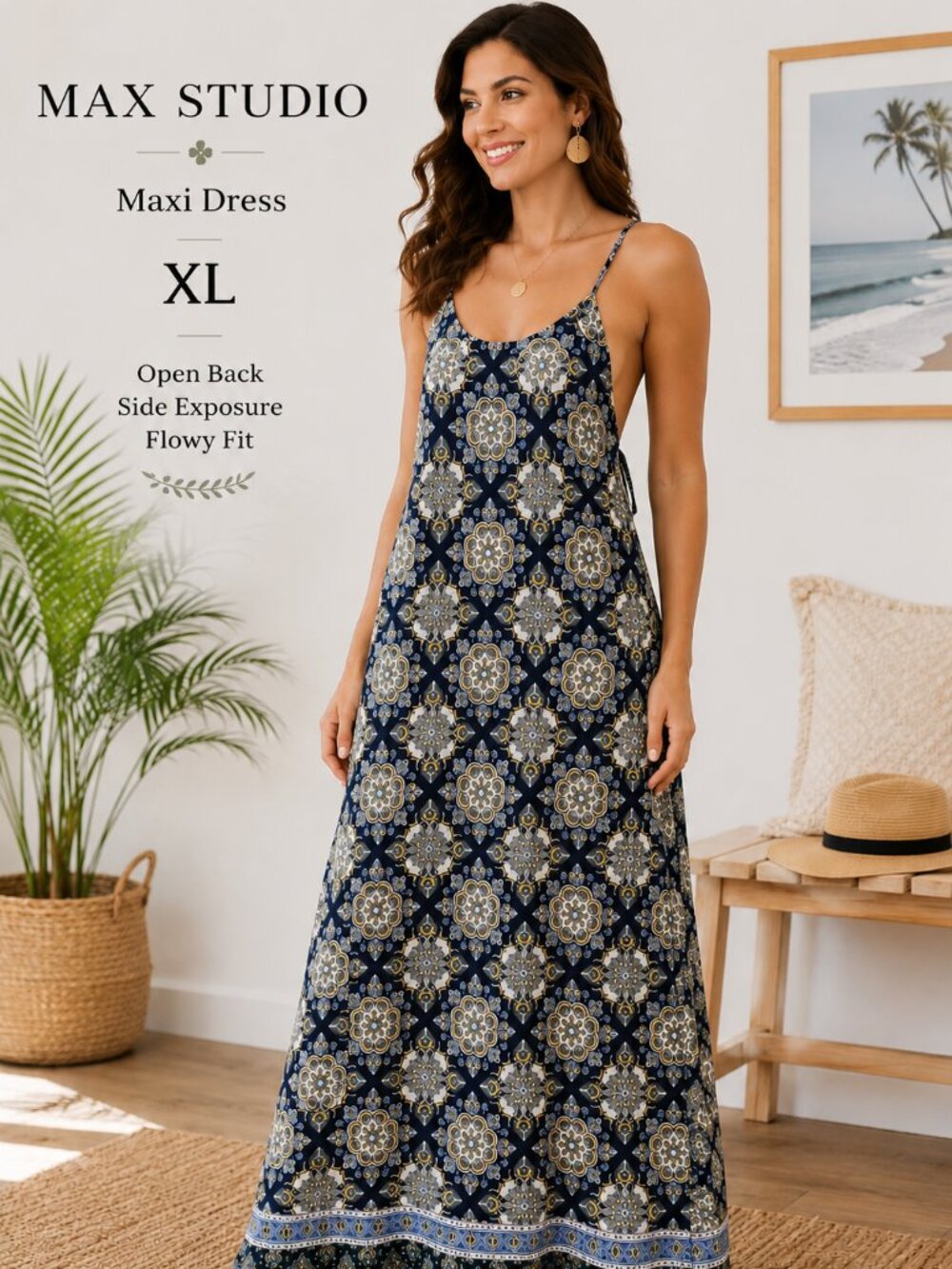Max Studio XL Navy Blue Medallion Print Sleeveless Maxi Dress Boho Criss Cross B